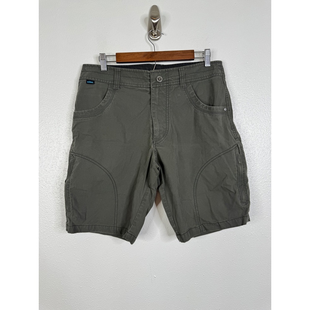 Kuhl Rydr Mens 32 Dark Olive Green Vintage Patina Dye Cargo Hiking Shorts